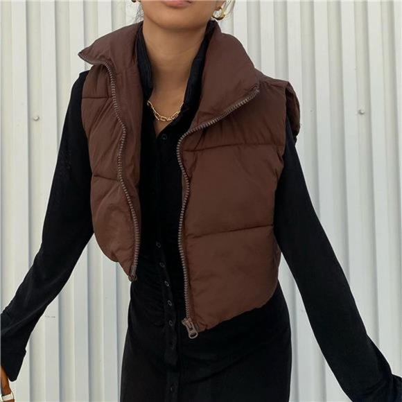 Women's Fashion High Neck Zipper Cropped Puffer Vest Jacket Coat - Picture 4 of 6